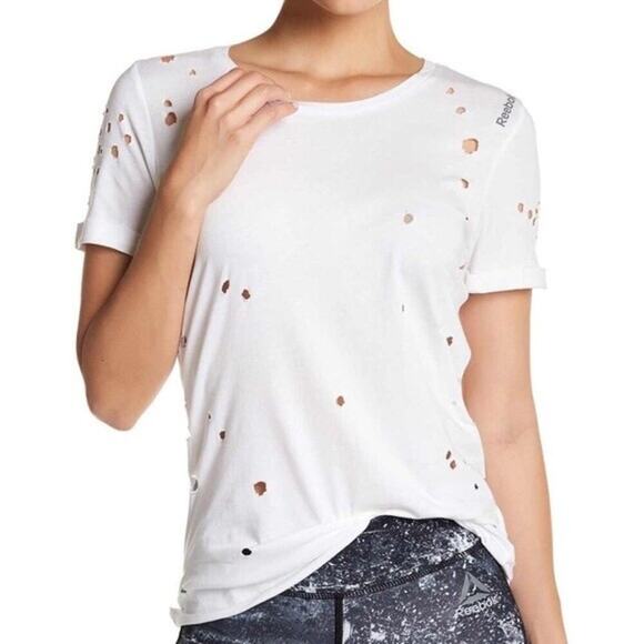 Reebok Large Black Distressed Women's Dance Short Sleeve Crewneck Athletic Tee - Picture 2 of 8